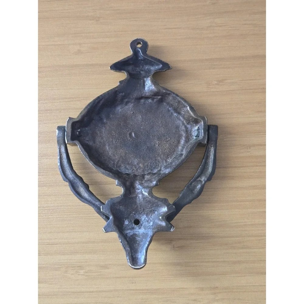 Vintage Neoclassical Solid Brass Door Knocker With Ram Head And Blank Cartouche